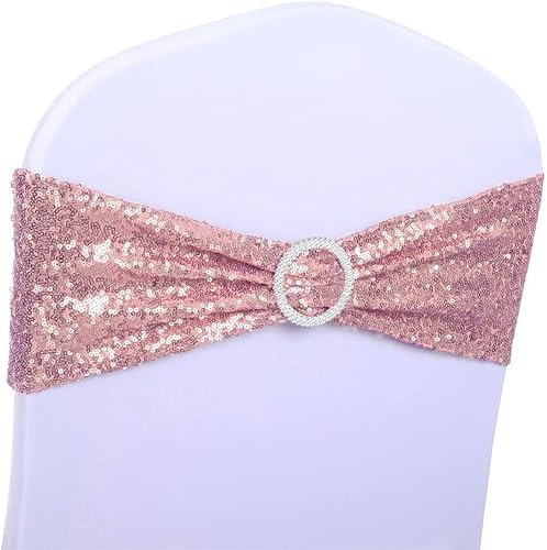 Miniatura 8 de SINSSOWL Paquete de 50 bandas de licra para sillas con lentejuelas y hebillas, lazos plegables para sillas de fiesta, boda, fiesta, comedor,
