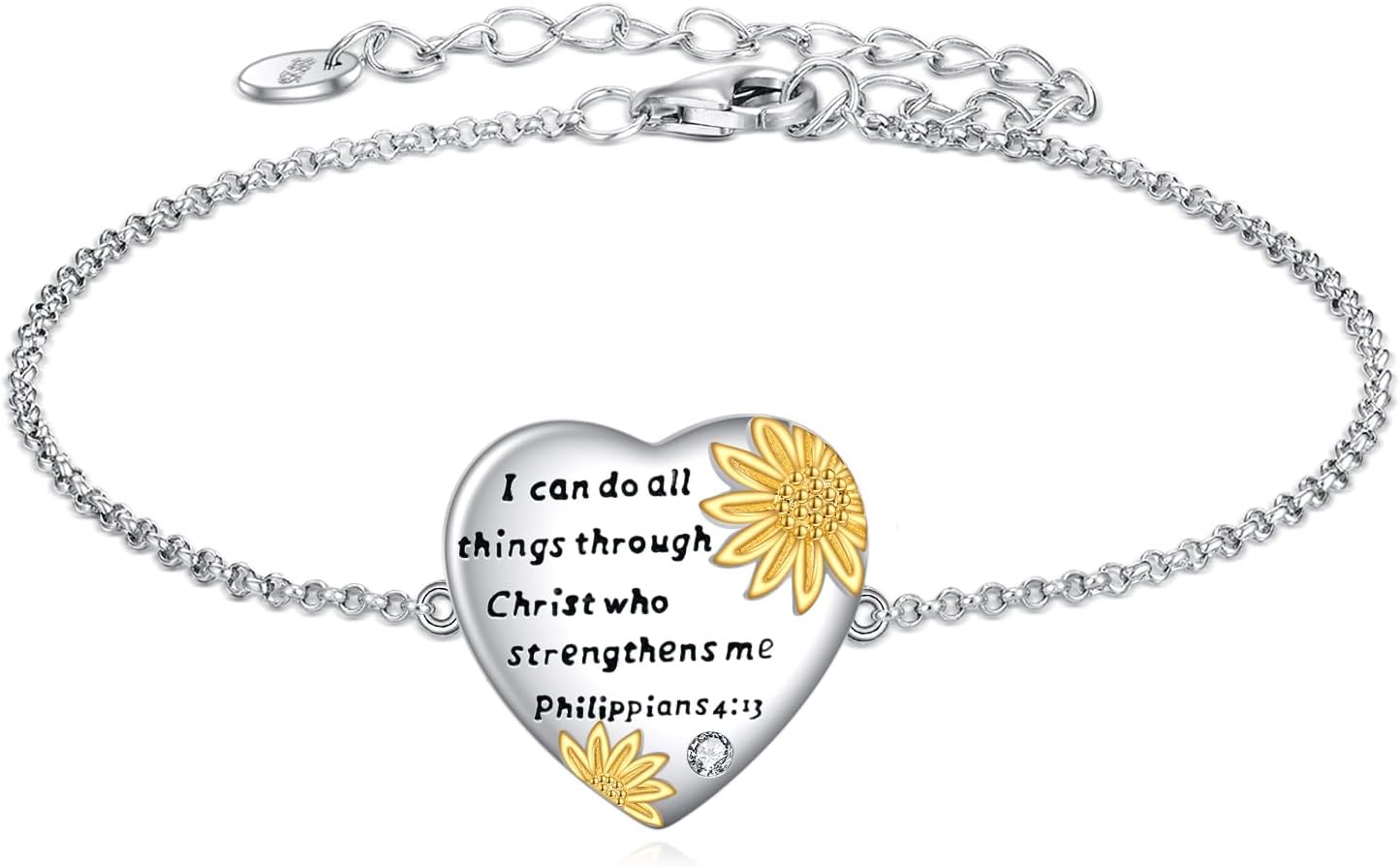 POPLYKE Philippians 4:13 Bracelet Sterling Silver Sunflower Heart Adjustable I Can Do All Things Bracelet for Women Bracelet