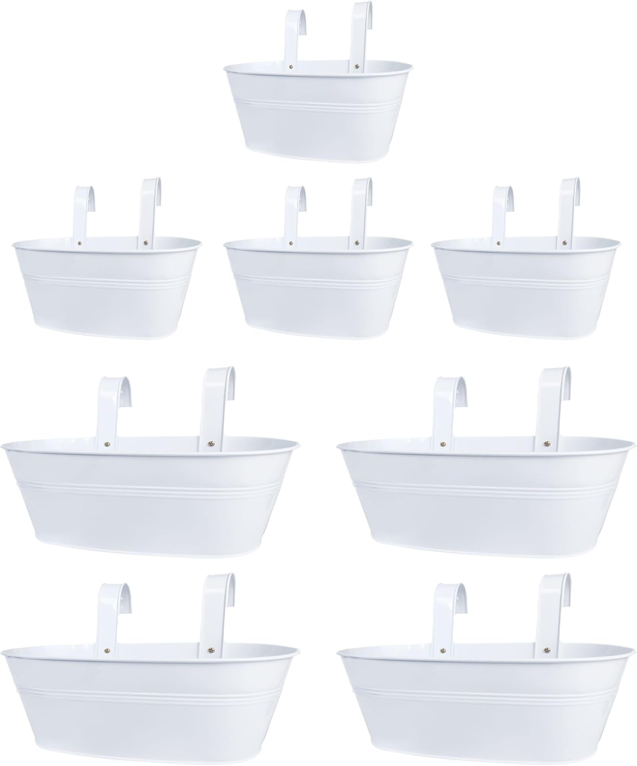 LaLaGreen Bundle- 4 Pack, 9.8 Inch + 4 Pack, 17 Inch White Metal Pot Hanging Window Flower Boxes Herb Succulent Flower Bucket with Hook Fence Deck Modern Boho Style Garden Decor Outdoor Balcony Patio
