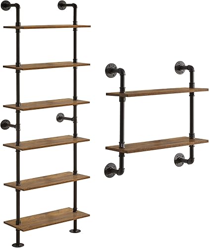 YMYNY Soporte de estante de tubería industrial, estante flotante retro de 2 niveles, estante de escalera de tubería de 6 niveles, estantería abierta