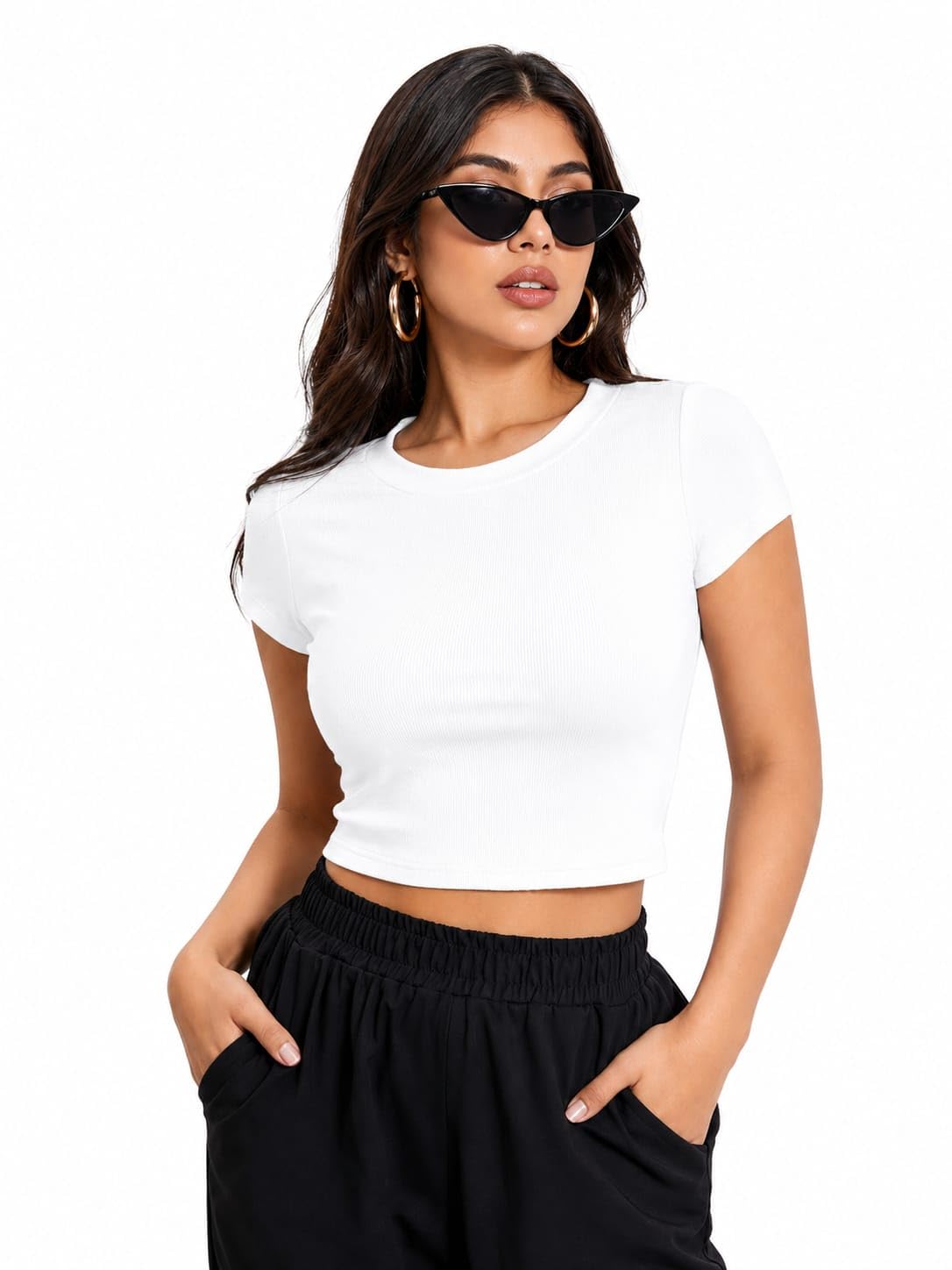 Women's White Crop Top | Cotton Blend Half Sleeve Round Neck Crop T-Shirt | Casual, College, Travel Top for Women White & Black-picture-31