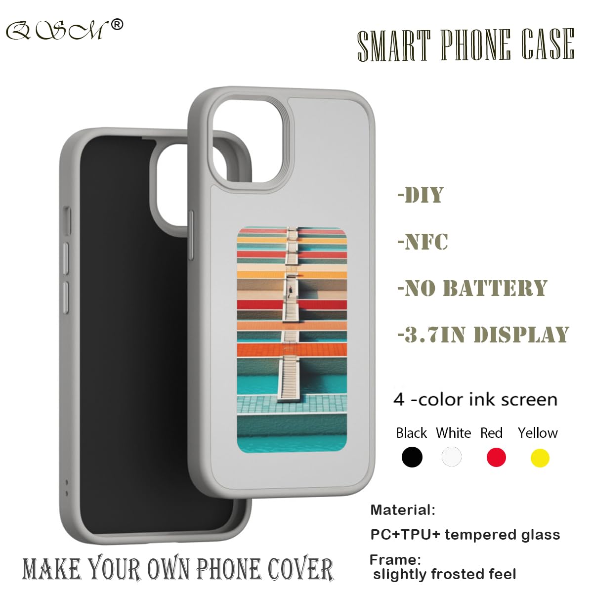 QSM E-Ink - Custodia per iPhone 15, con proiezione fotografica intelligente, personalizzata, per visualizzare istantaneamente le foto sullo schermo dell'inchiostro, cover posteriore per personalizzare