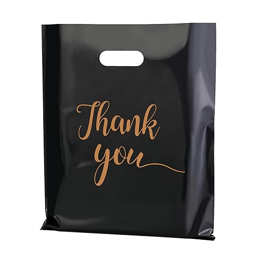 MUKOSEL 100Pcs Thank You Merchandise Bags, Extra Thick 2.36Mil 12x15In Retail Plastic Shopping Bags for Small Business Stores Boutique Clothes, Reusable Gift Bags Plastic Bags with Handle (Blacke)