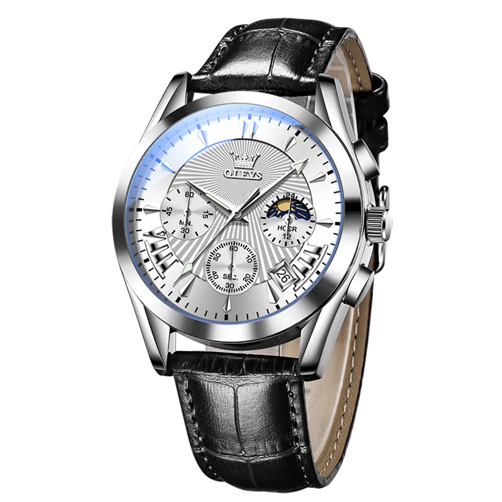 OLEVS Mens Watches-Chronograph Fashion Casual Analog Quartz Watch Waterproof, Dress Luminous Wrist Watches with Leather Strap for Men Black/Brown/White/Blue Dial white dial + silver case