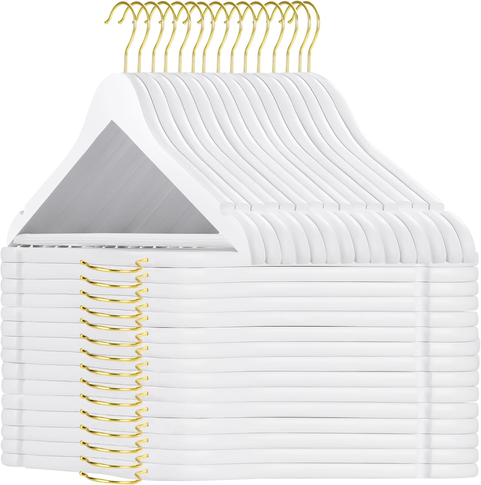 TOPIA HANGER Wooden Hangers 30 Pack, White Wood Coat Hanger with 360° Swivel Gold Hook, Non Slip Pants Bar and Shoulder Notches for Camisole, Jacket, Pants, Smooth Finish Clothes Hangers -CT34WG30
