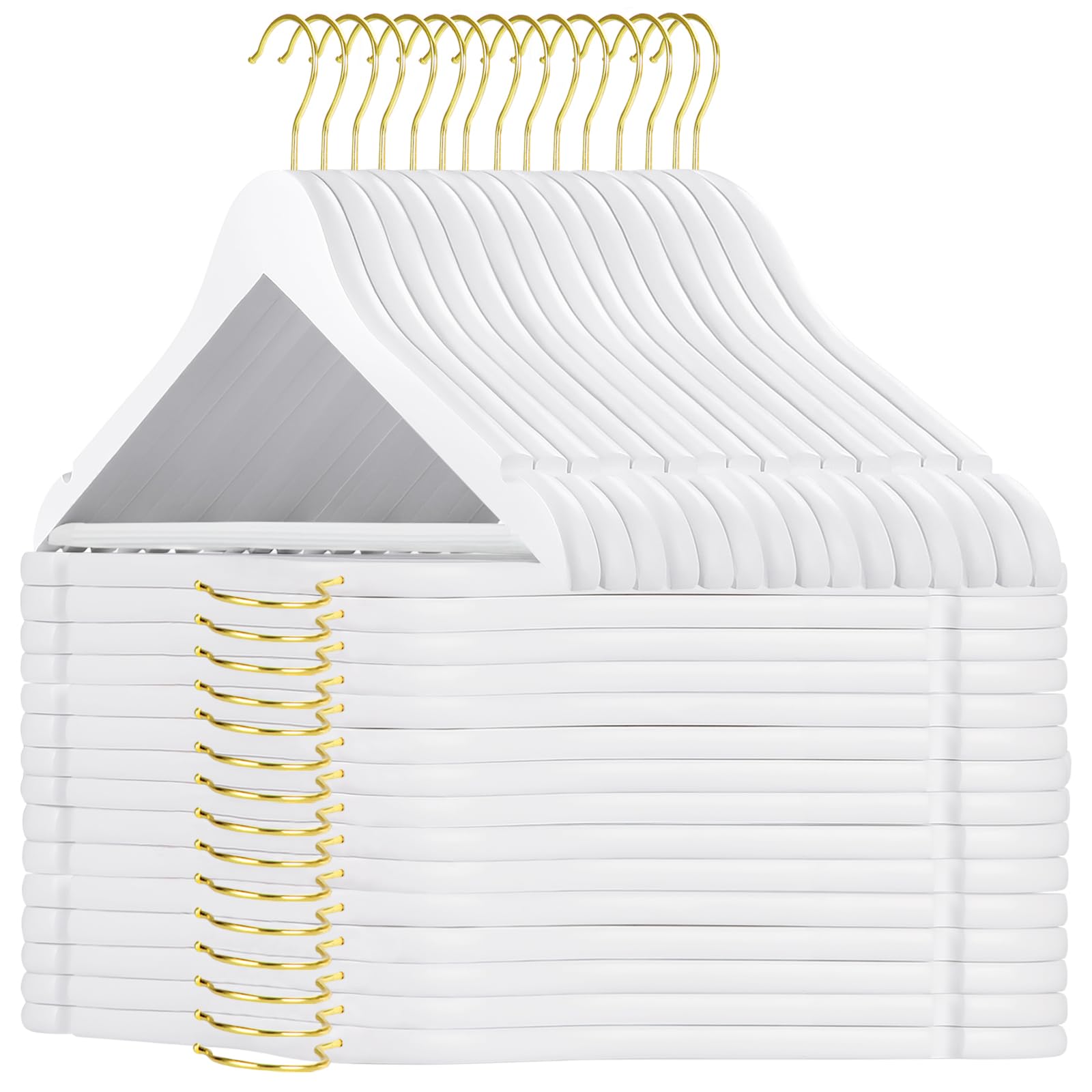 TOPIA HANGER Wooden Hangers 30 Pack, White Wood Coat Hanger with 360° Swivel Gold Hook, Non Slip Pants Bar and Shoulder Notches for Camisole, Jacket, Pants, Smooth Finish Clothes Hangers -CT34WG30