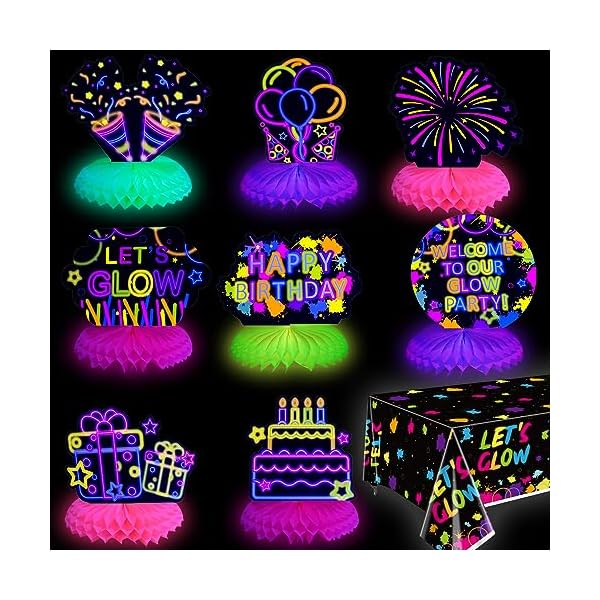10 Pieces Glow in The Dark Party Table Decorations, Neon Table Honeycomb Centerpiece and Let’s Glow Tablecloths Set – Black Light Table Topper Neon Decorations for Kids Glow in Dark Party Supplies
