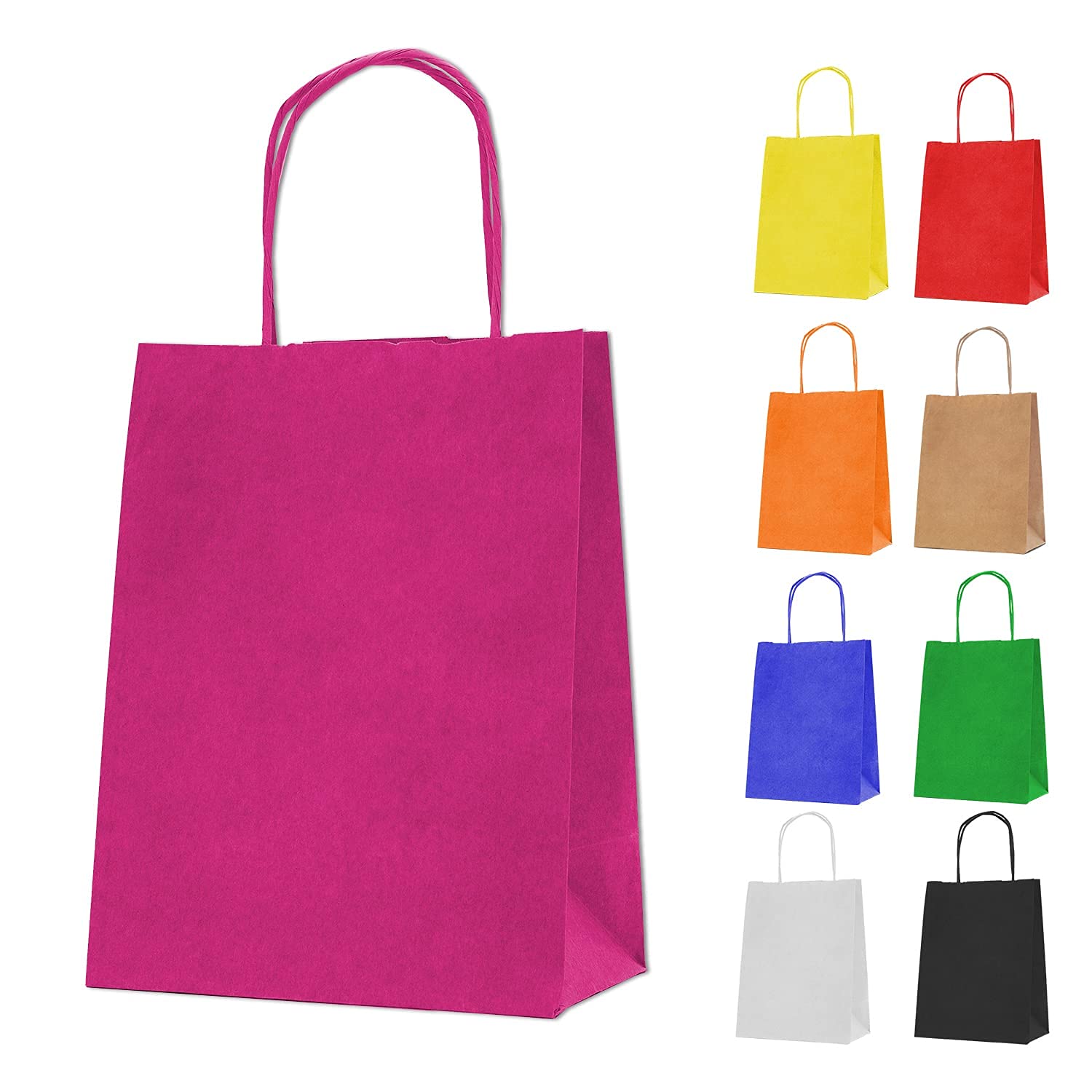 MERRIMEN 30 Kraft Paper Bags for Gifts, Food & Sweets | Strong Sustainable Carrier Bags with Twisted Handles | Ideal Goody Bag for Kid Parties, Christmas, Wedding, Hen Do – 18 X 22 X 8cm (Fuschia)