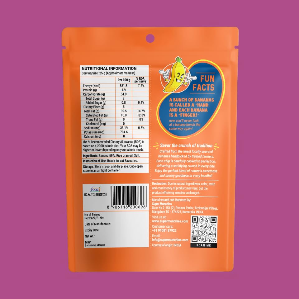 Image of Super Munchies Bold Bites Banana Chips Combo | Flaming Hot, Salted, Thai Chili, Sweet & Sour | Vegan, Gluten Free, No Palm Oil, No Preservatives, No Artificial Colors, Zero Trans Fat, No Cholesterol (Pack of 8)