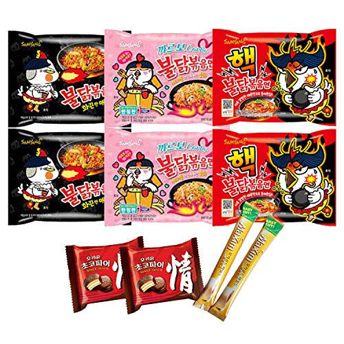 Spicy Ramen Various Flavors, Buldak Chicken Stir Fried Original Spicy, 2x Spicy, Carbonara with Korean Dessert, Various Taste 3 Spicy Combo Ramen Pack with Korean Snack, Mukbang, Spicy Challenge