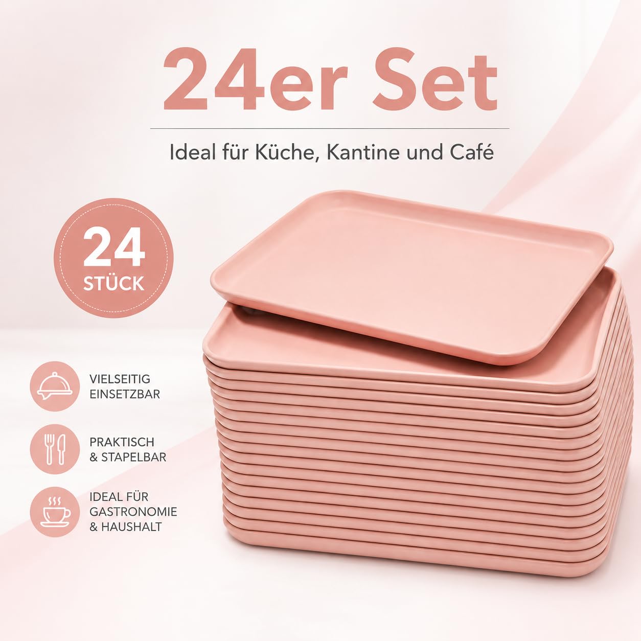 Lot de 24 plateaux de service jusqu'à 20 kg - Résistants aux températures - Passe au micro-ondes - Bord surélevé - Rectangulaire - Passe au lave-vaisselle - Pour cuisine, cantine, café (rose)