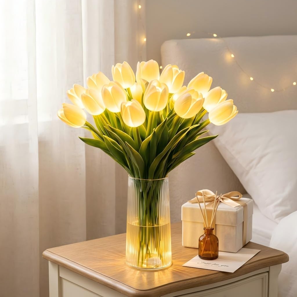 LED Tulip Lights Bouquet, Yellow Lighted Artificial Tulip Flowers with Bendable Stems, Warm Romantic Flower Lamp for Bedroom, Bedside Table, Home Decor, Valentine’s Day Birthday Gift (White,25)