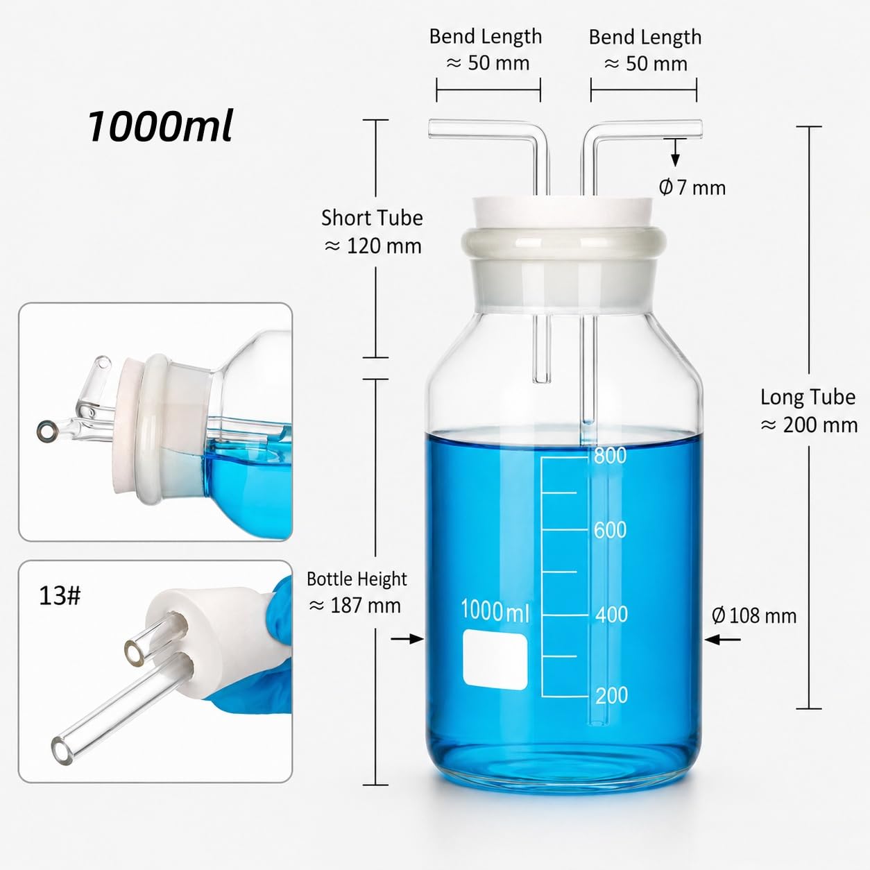 Juego Frasco Lavador de Gas Graduado Vidrio Borosilicato Química Lab-1000ml