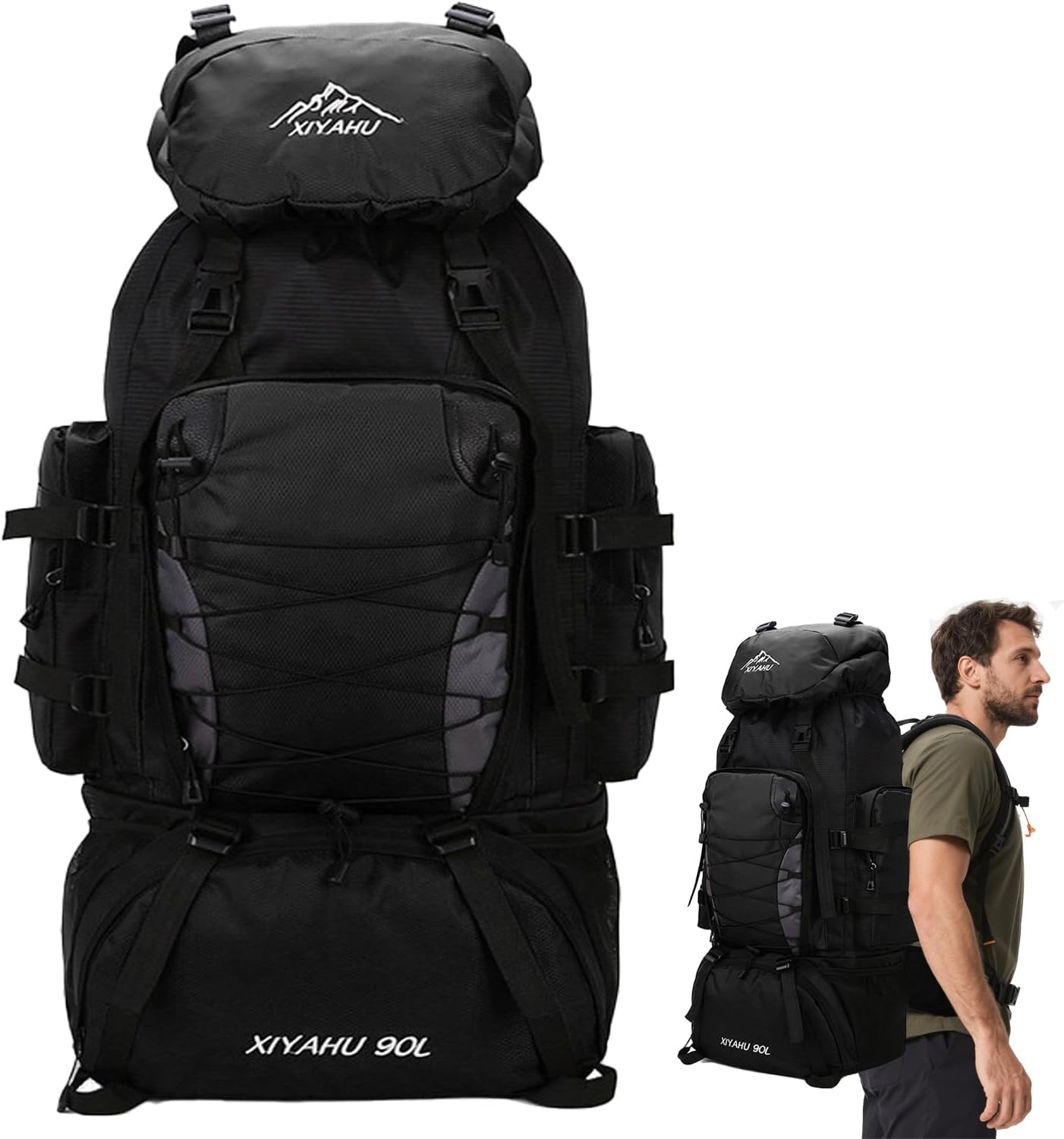 90L Hiking Backpack,Waterproof Large Camping Backpack for Men,Lightweight Black Tactical Rucksack for Climbing Hiking Travelling