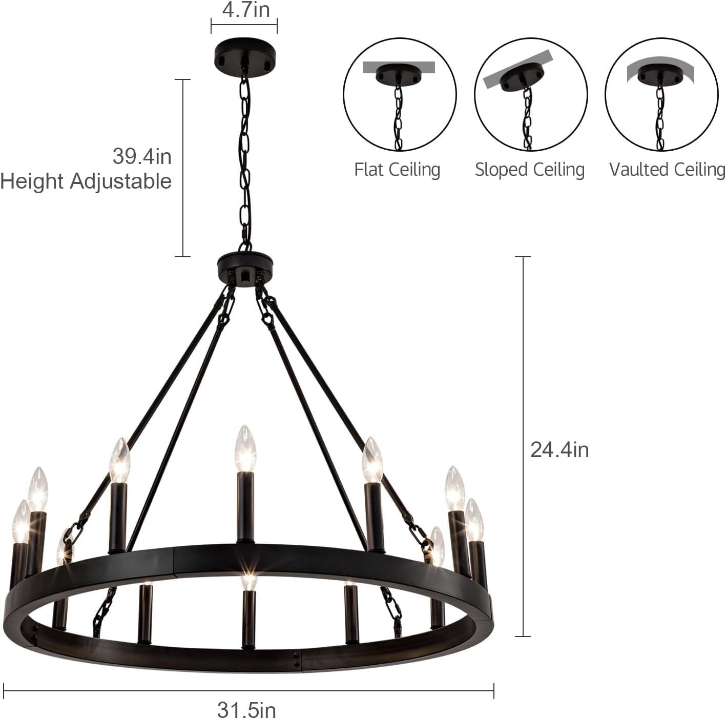 Black Wagon Wheel Chandelier 32 Inch, 12-Light Industrial Farmhouse Ceiling Light Fixture, Round Modern Rustic Chandelier for High Ceiling Living Room, Dining Room, Foyer, Entryway, Covered Porch