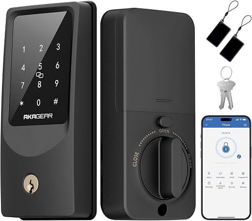 AkaGear T02 Mini Keyless Entry Door Lock, Built-in Wi-Fi, 8xAA Batteries, Smart Door Lock, App Remote Control, Touchscreen...