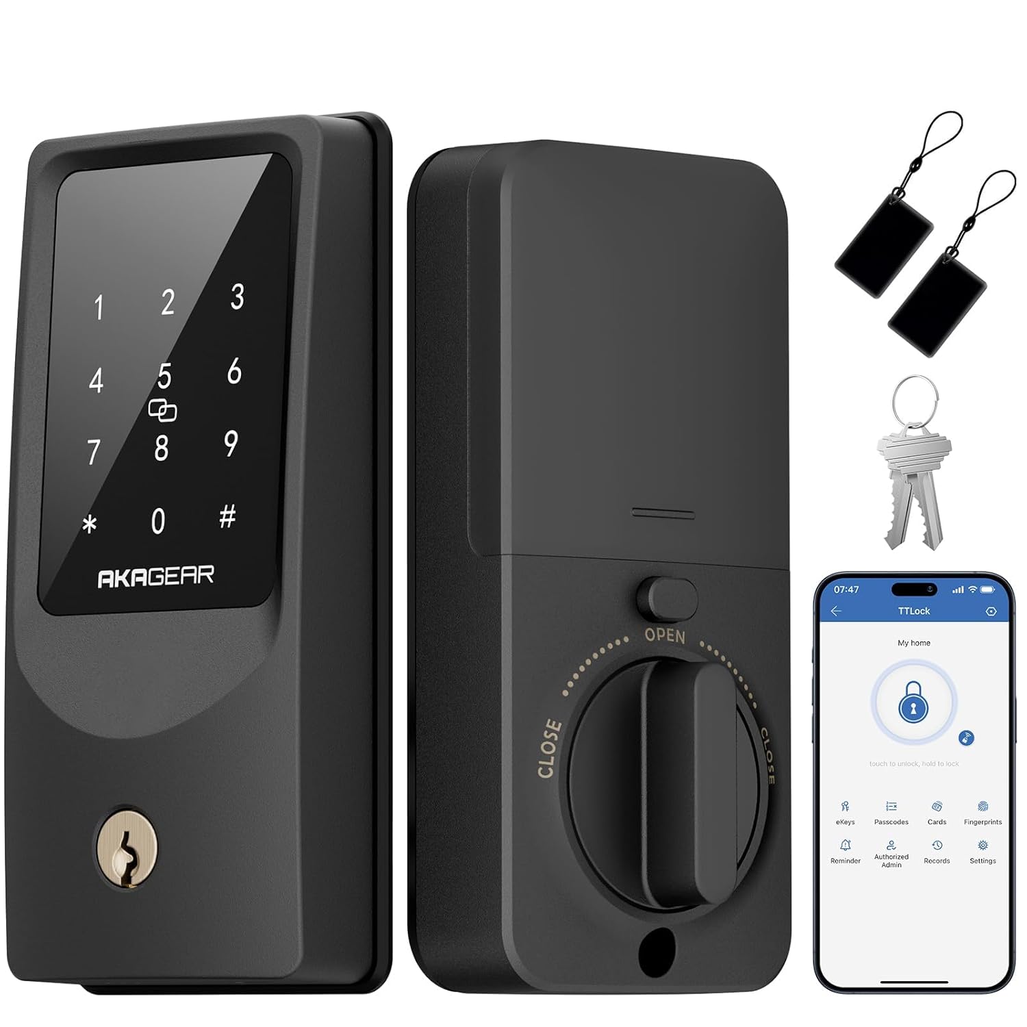 AkaGear T02 Mini Keyless Entry Door Lock, Built-in Wi-Fi, 8xAA Batteries, Smart Door Lock, App Remote Control, Touchscreen...