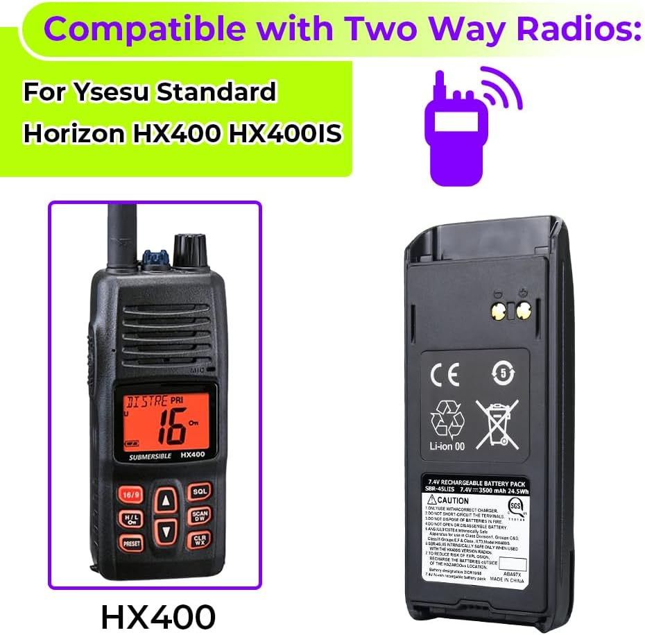 7.4V 3500mAh SBR-45LIIS ATEX Battery Replacement for Yaesu Standard Horizon HX400 HX400IS Series Handheld VHF Marine Radio Battery with Belt Clip