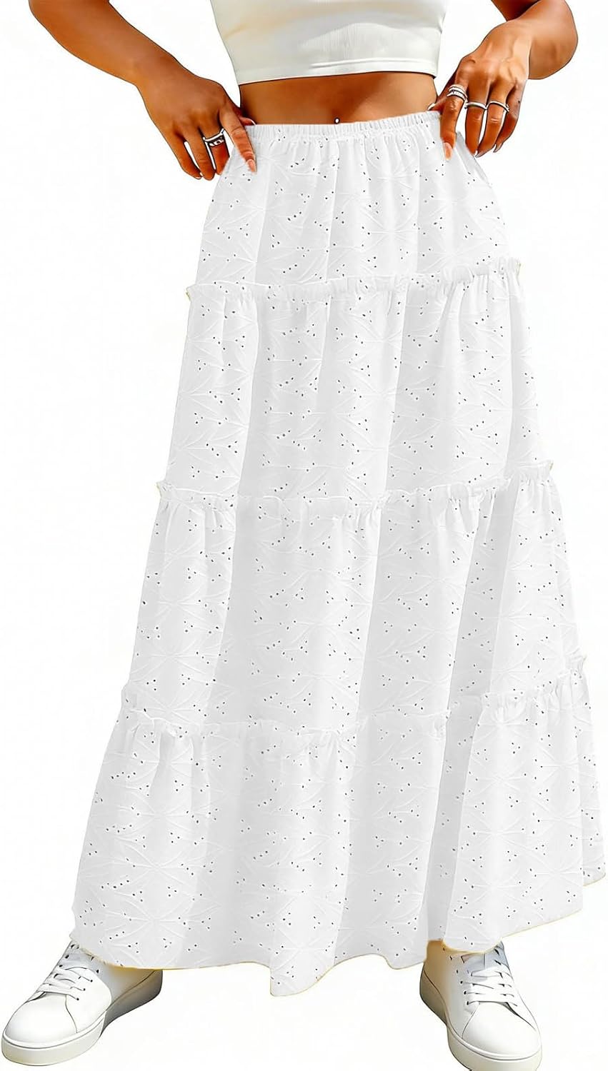 Womens Maxi Skirt Boho Flowy Flared Ruffle Maxi Skirts Lace Embroidered High Waist Skirt Vacation Crochet Skirts