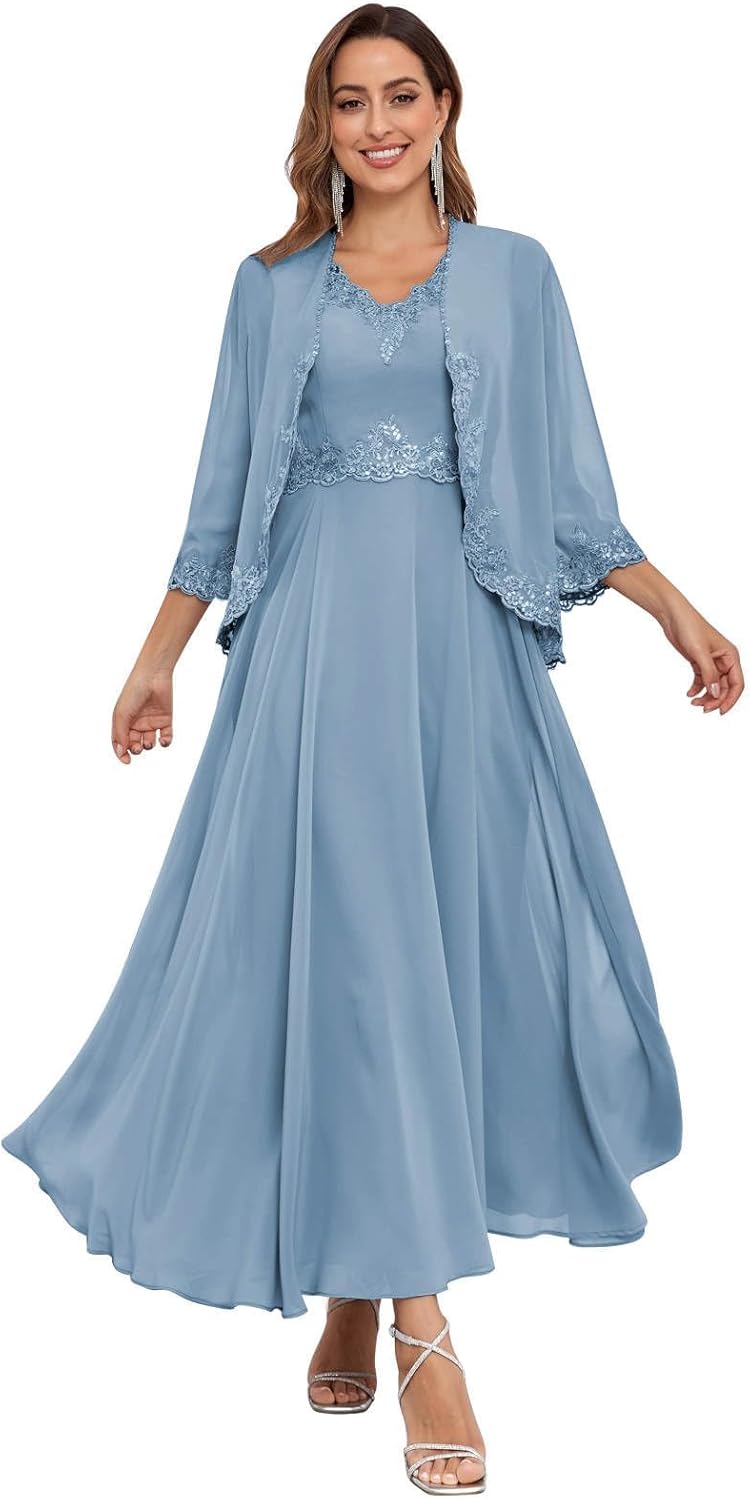 2 Pieces Mother of The Bride Dresses with Jacket - Sequin Lace Chiffon Tea Length Formal Evening Wedding Guest Dress
