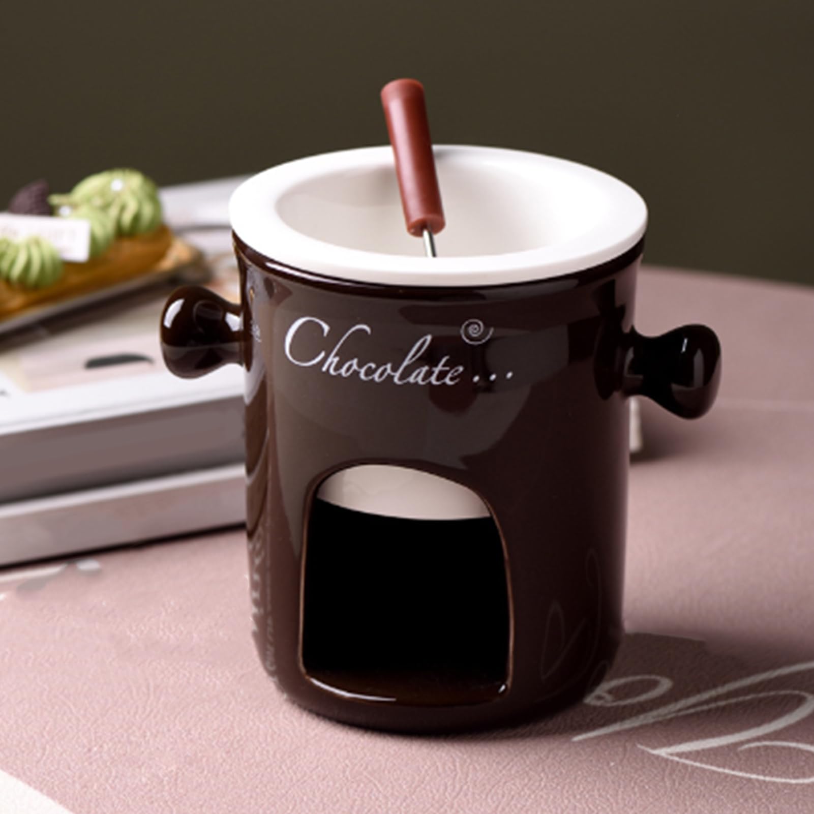 Fondue-Tasse aus Keramik, tragbarer Schokoladenwärmer, glasiertes Mini-Serviergefäß, elegantes Dessert-Dip-Accessoire, Mahlzeiten im Freien, lässige Anlässe, kreative Geschenkwahl, verbessert leckere
