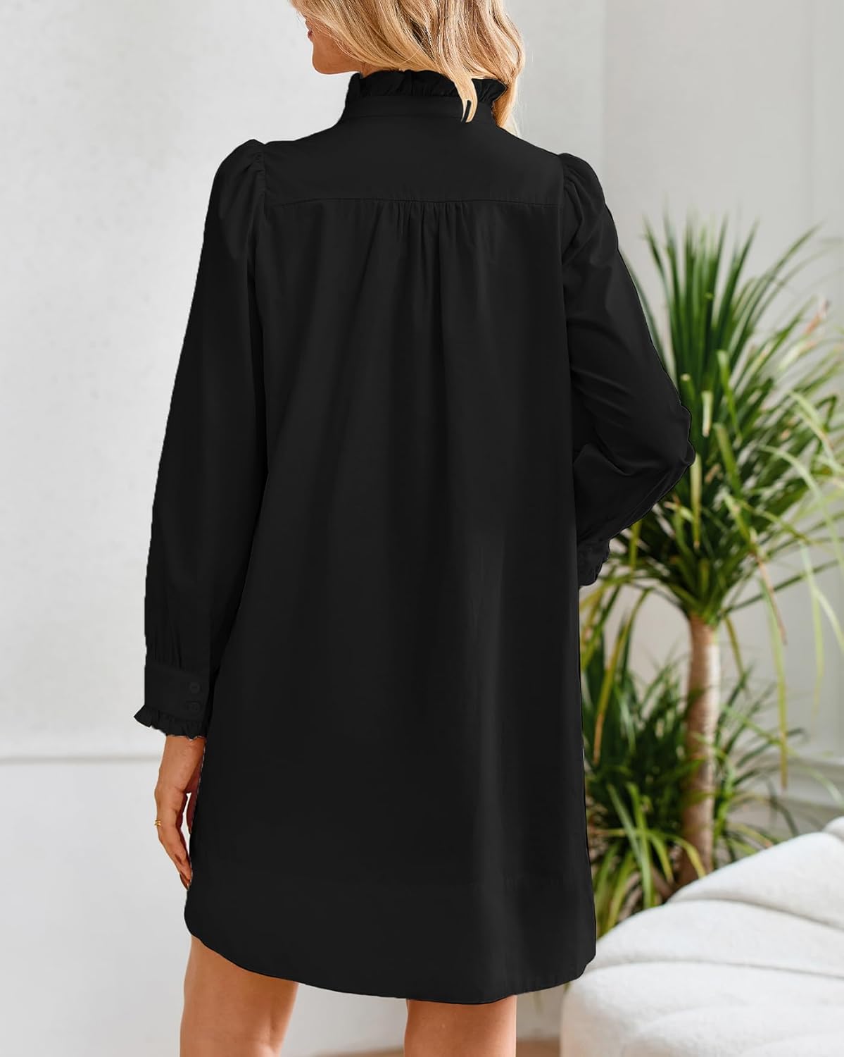 Women's Puff Long Sleeve Stand Ruffle Collar Mini Dress Casual A Line Shift Dress with Pockets - Image 5