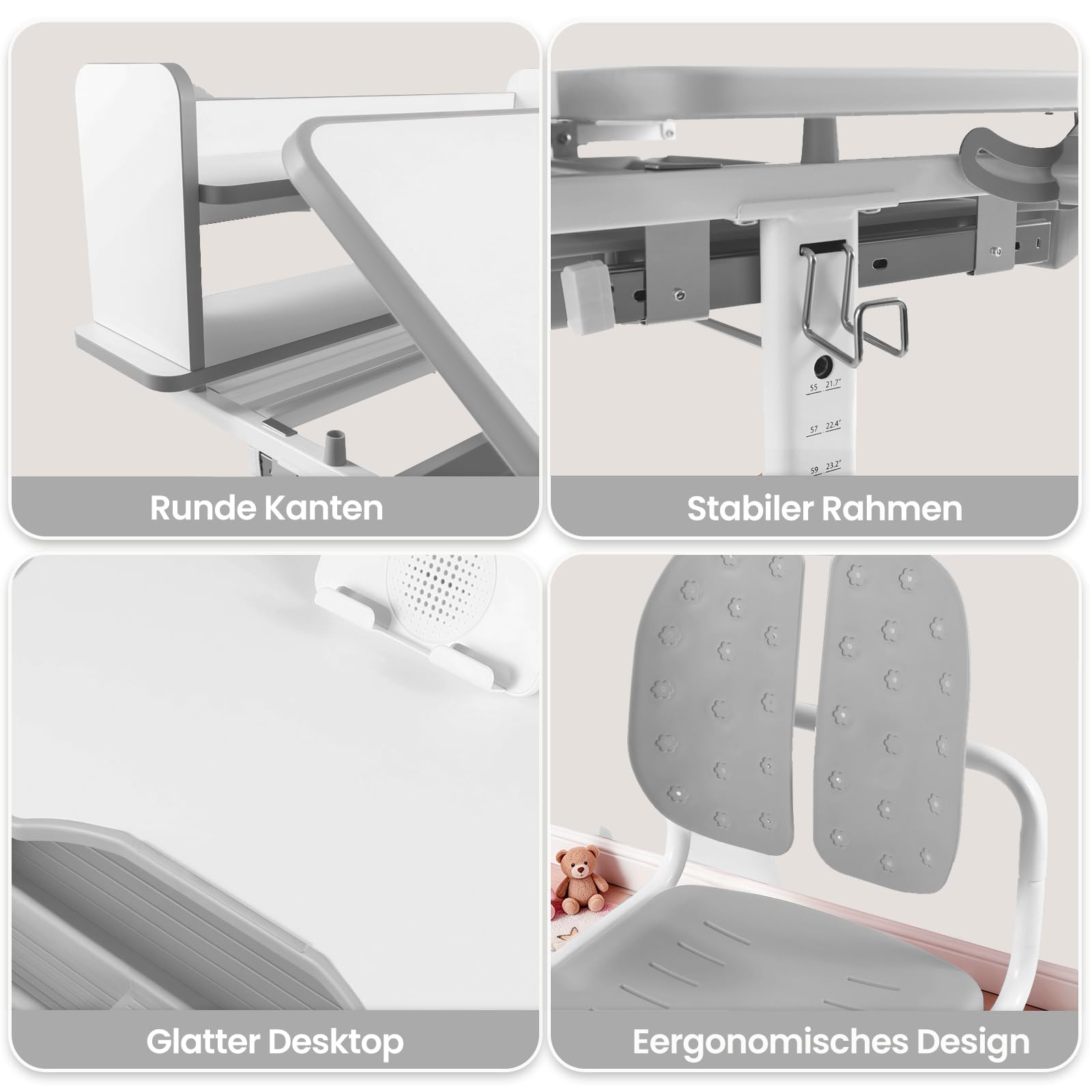 JOYLDIAS Kinderschreibtisch mit Stuhl höhenverstellbar, Kinder Schreibtisch Set mit Bücherregal, geteilter Rückenlehne, neigbarer Tischplatte 0–40°, Schublade und Haken, Grau