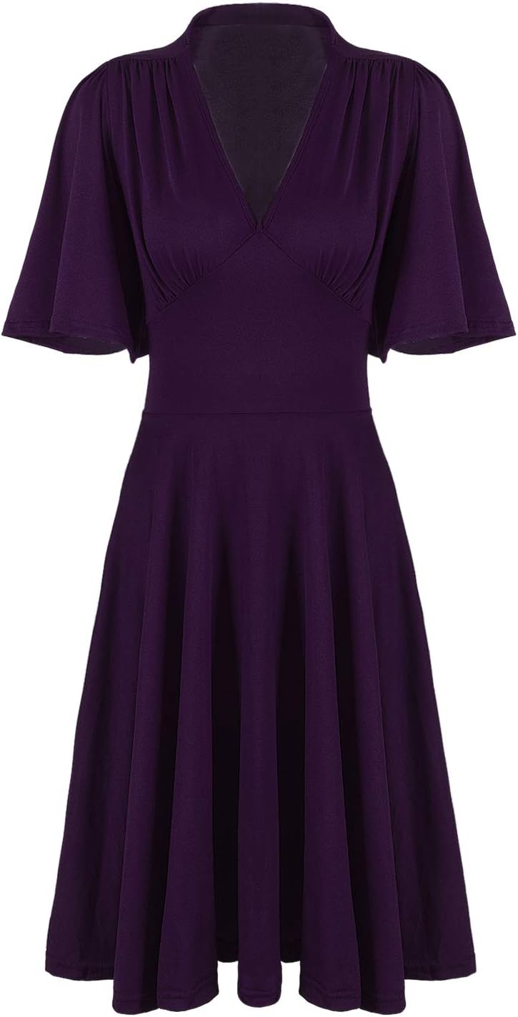 Vijiv Womens Vintage 1920s V Neck Rockabilly Swing Evening Party Cocktail Dress with Sleeves
