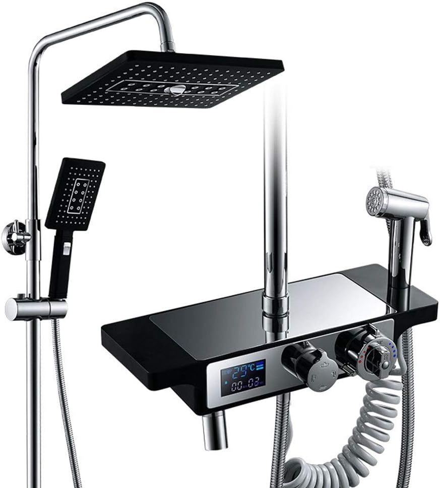 Black Bathroom Shower Set Booster Thermostat Temperature Control LED Screen Display 4-Function Hand Shower System Square Top Spray Lift Bar with Tap Bidet Fixed Shower Heads