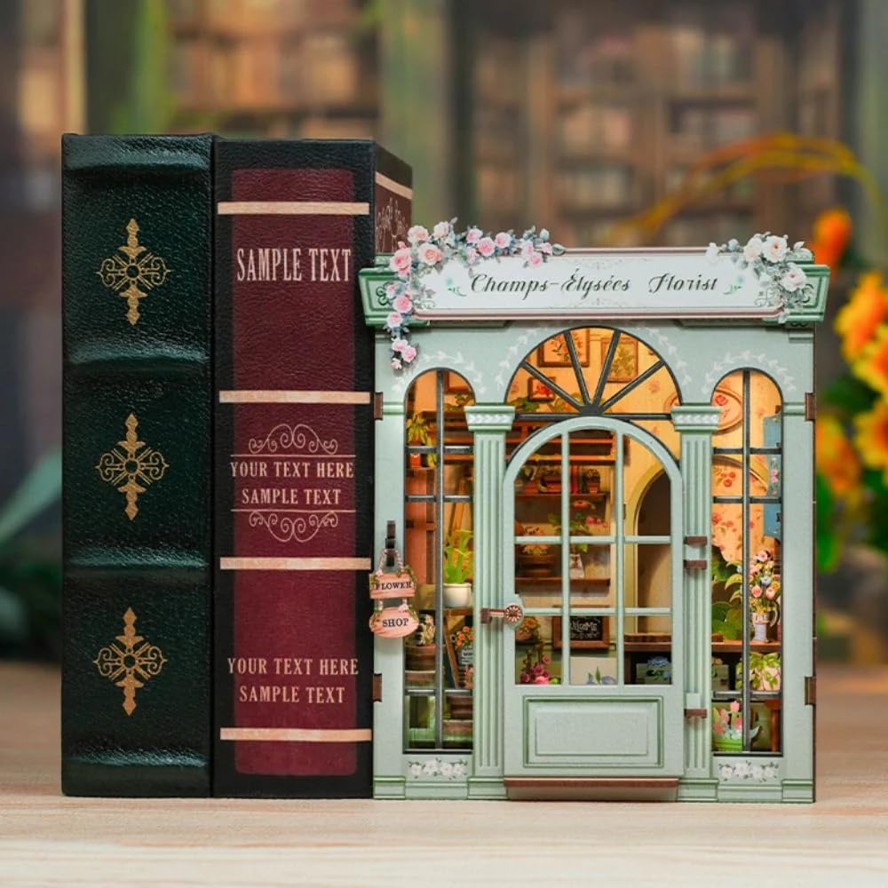 Figured'Art Book Nook Florist aus den Feldern – 3D-Modellbausatz aus Holz zum Bauen mit LED – Dekoration Bibliothek für Erwachsene – 199 Teile