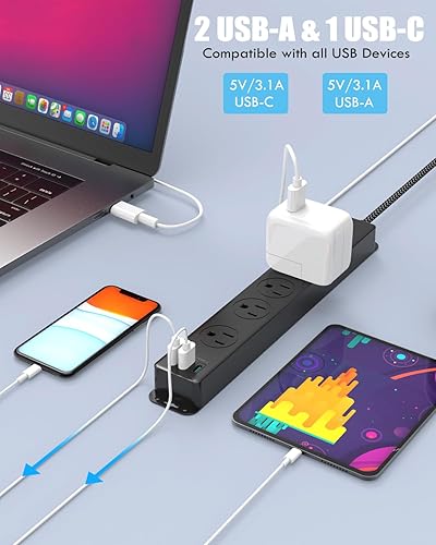 Miniatura 5 de Regleta protectora de sobretensiones con puertos USB C, cable de extensión trenzado de 5 pies, 5 salidas y 3 puertos USB (1 USB C), regletas de