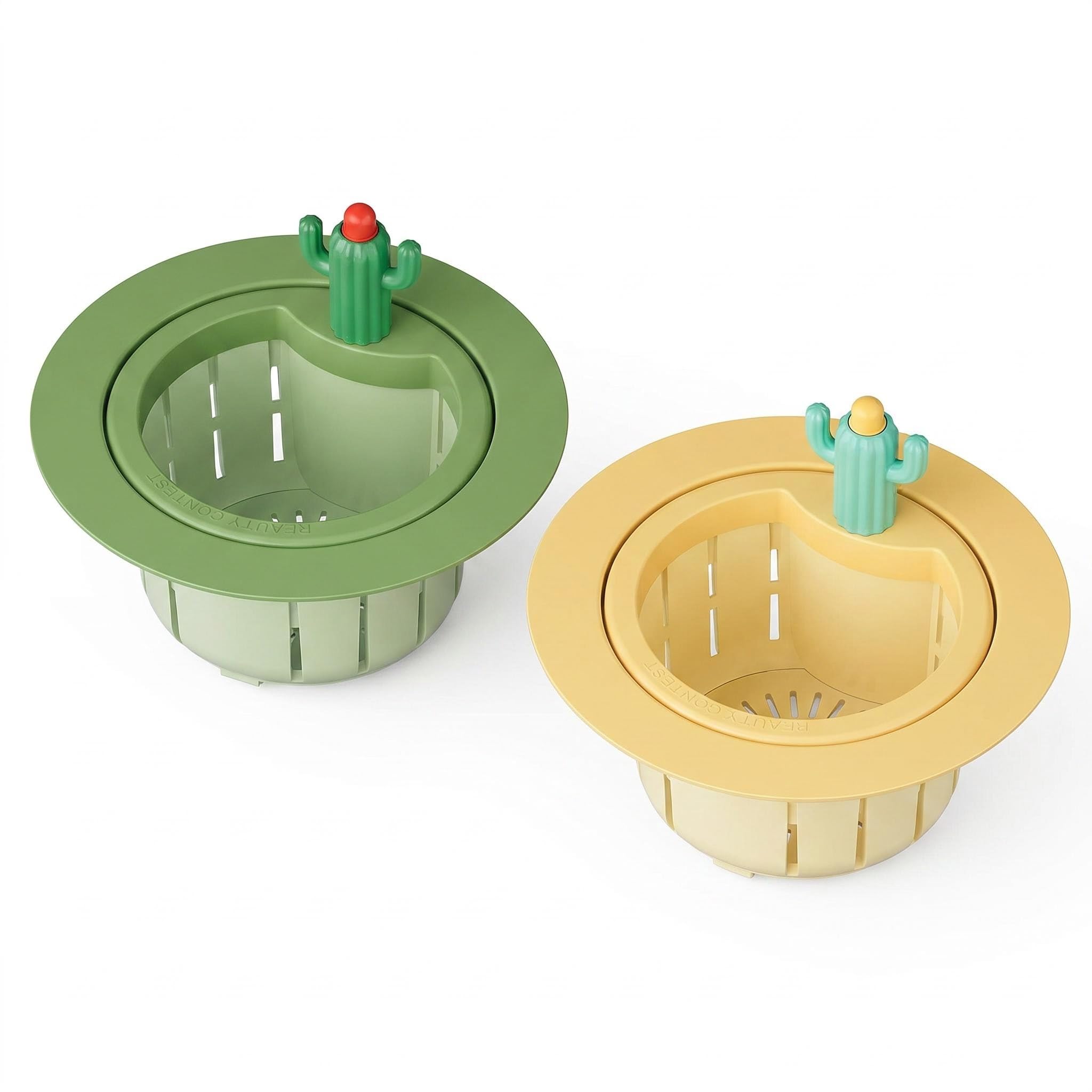 2PCS Kitchen Sink Drain Strainer Basket, Cactus Design Sink Stopper with One Press, Sink Food Catcher for Kitchen & Bathroom (Green & Beige)