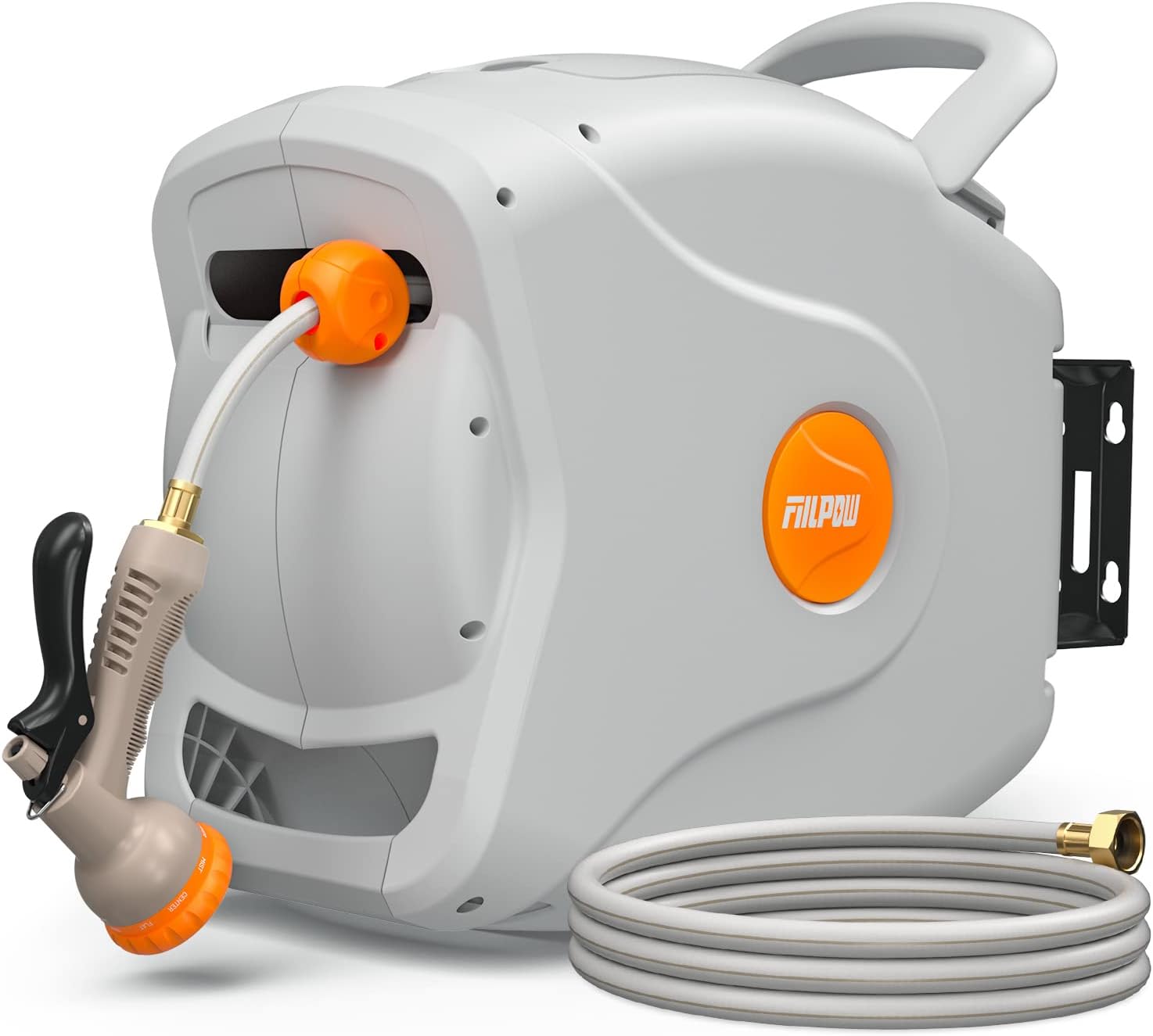 100 FT 1/2'' Retractable Garden Hose Reel, Any Length Lock, Heavy-Duty Wall Mounted Reel with Automatic Rewind, Brass Connector, Adjustable Patterns, 180° Watering & Car Washing, Grey (HR8)