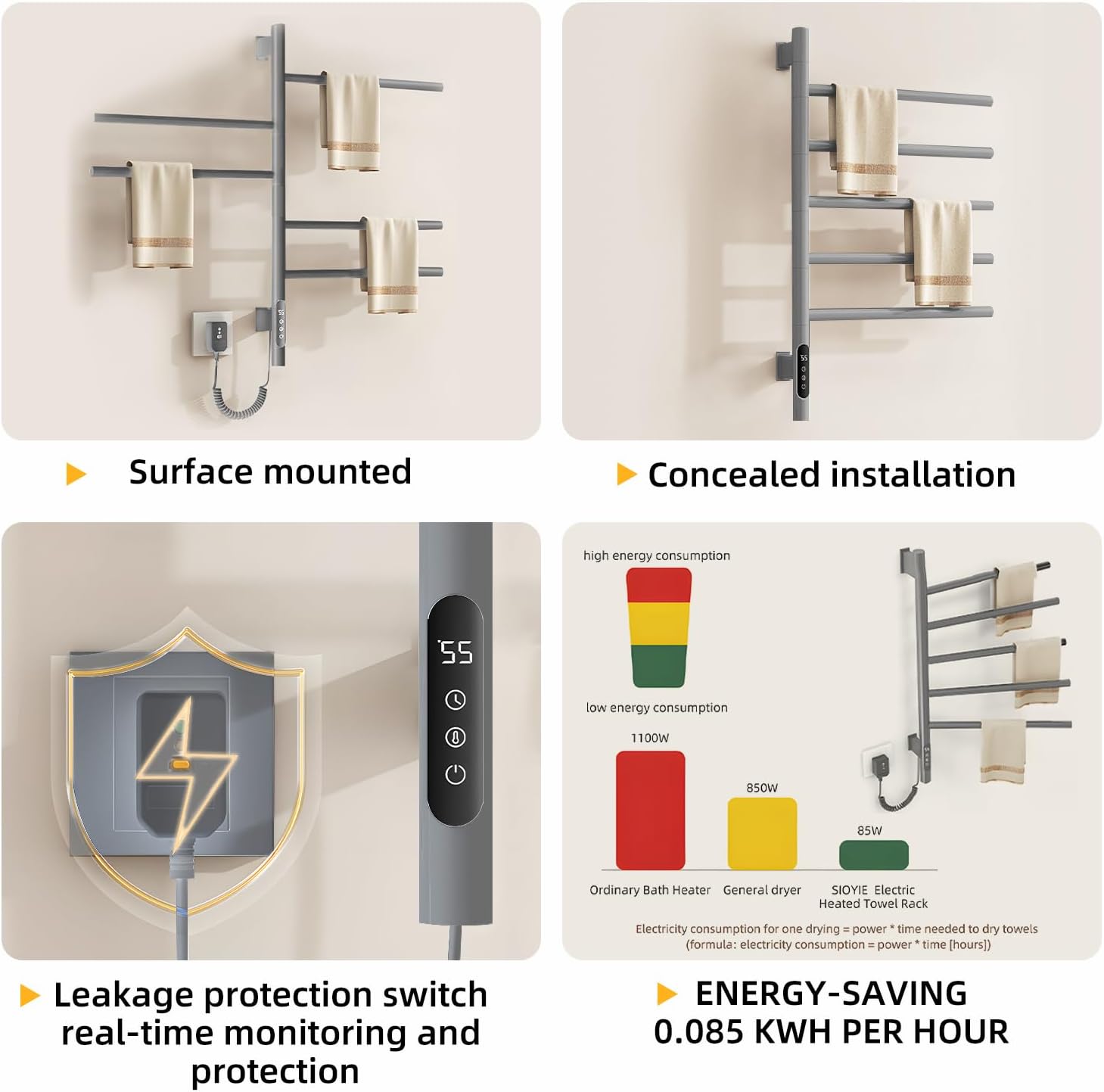 180°Rotation Electric Heated Towel Rack Wall Mounted Towel Warmer Racks 5 Bars Hardwired & Plug-in Hot Towel Rack with 1H-9H Timer for Home Bathroom Salons and Spas (Grey)