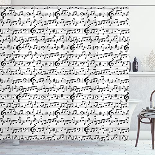 Ambesonne Music Shower Curtain, Abstract Style Professional Pattern Notes And Clef Sheet Play Writing Print, Cloth Fabric Bathroom Decor Set With Hooks, 69" W X 75" L, Black White #TOP9