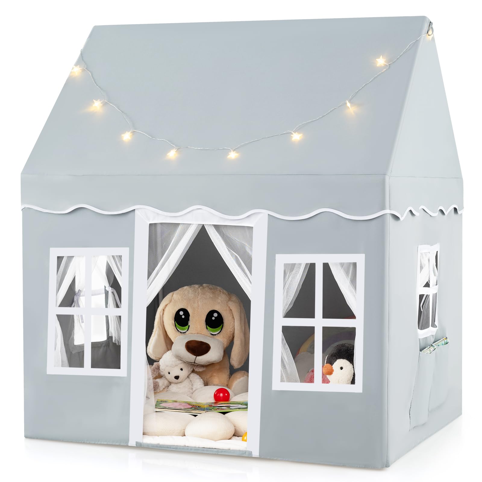 HOMASIS Kinderzelt Baumwolle, Kinder Spielhaus mit Sternenlichtern, Tragetasche & Vorhang, Spielzelt Prinzessin für Jungen & Mädchen, Indoor Kinderspielzelt Kinderspielhaus (Grey, ohne Matte)