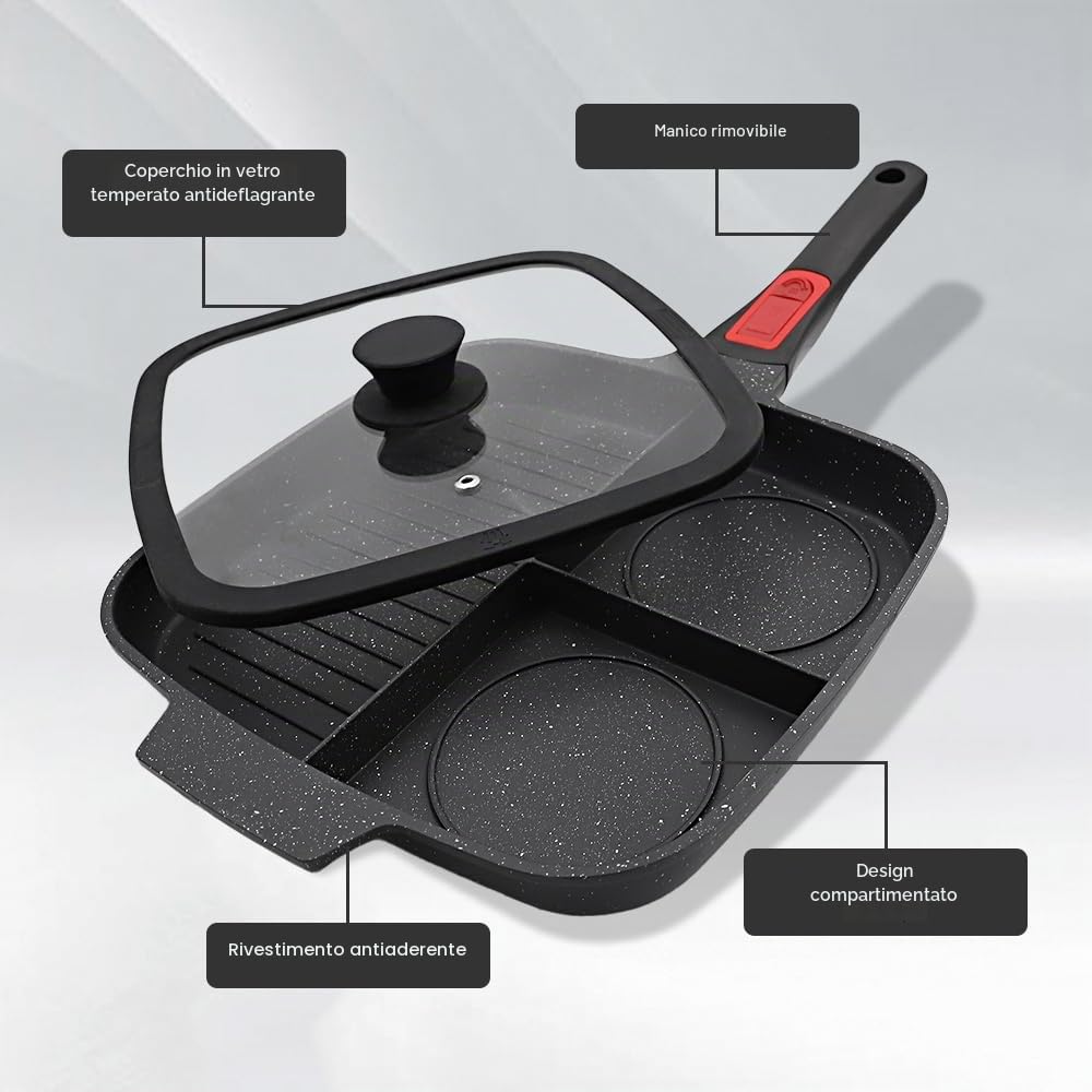 Bistecchiera Antiaderente con Manico Rimovibile e Coperchio, Padella Grill Quadrata 3 Sezioni, Induzione Compatibile 28 x 24 cm - Nero