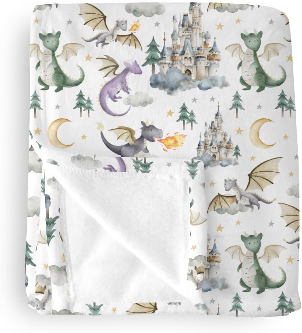 Baby Boy Girl Blankets Dragon Tale Castle, Watercolor Green Moon Clouds Stars Tree Soft Lightweight Nursery Receiving Swaddle, Flannel Newborn Infant Toddler Crib Bedding Kids Gift 50 x 60