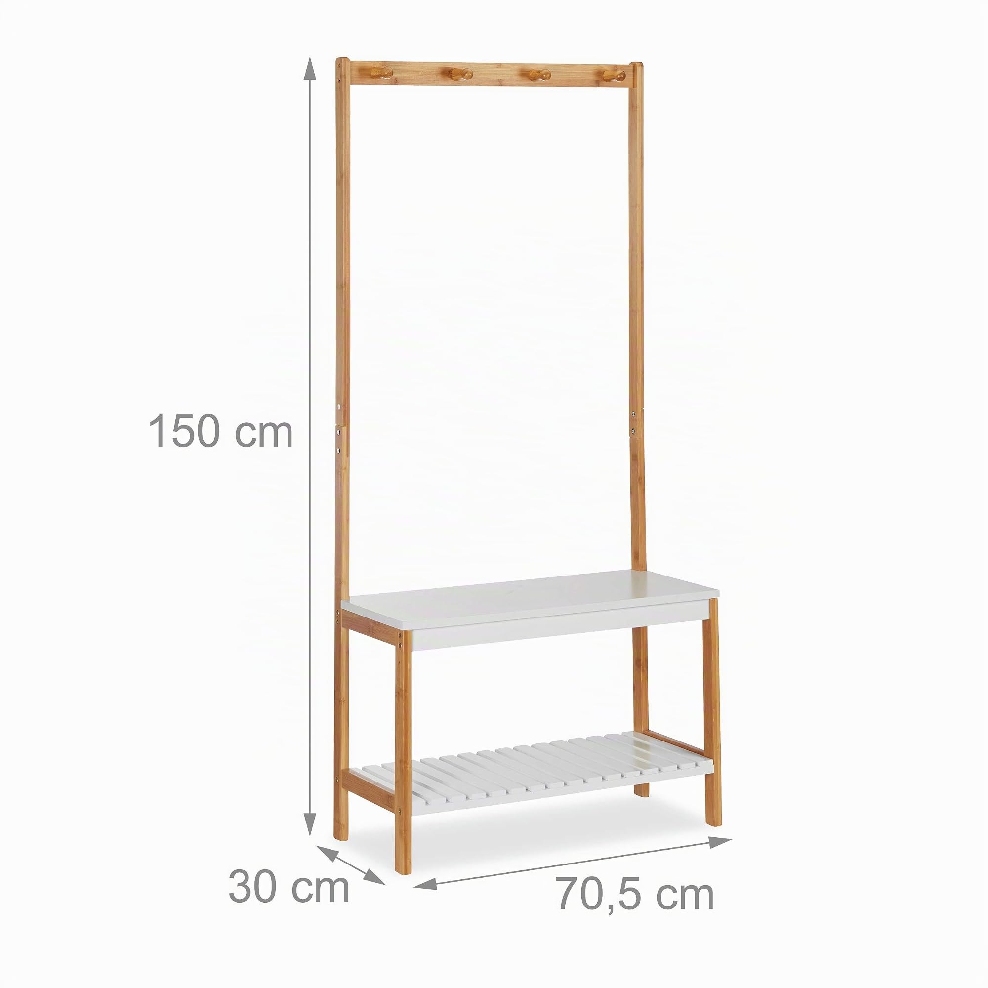 Relaxdays Perchero con Zapatero, 4 Ganchos y Repisa, Madera de Bambú y DM, Marrón y Blanco, 150 x 70,5 x 30 cm