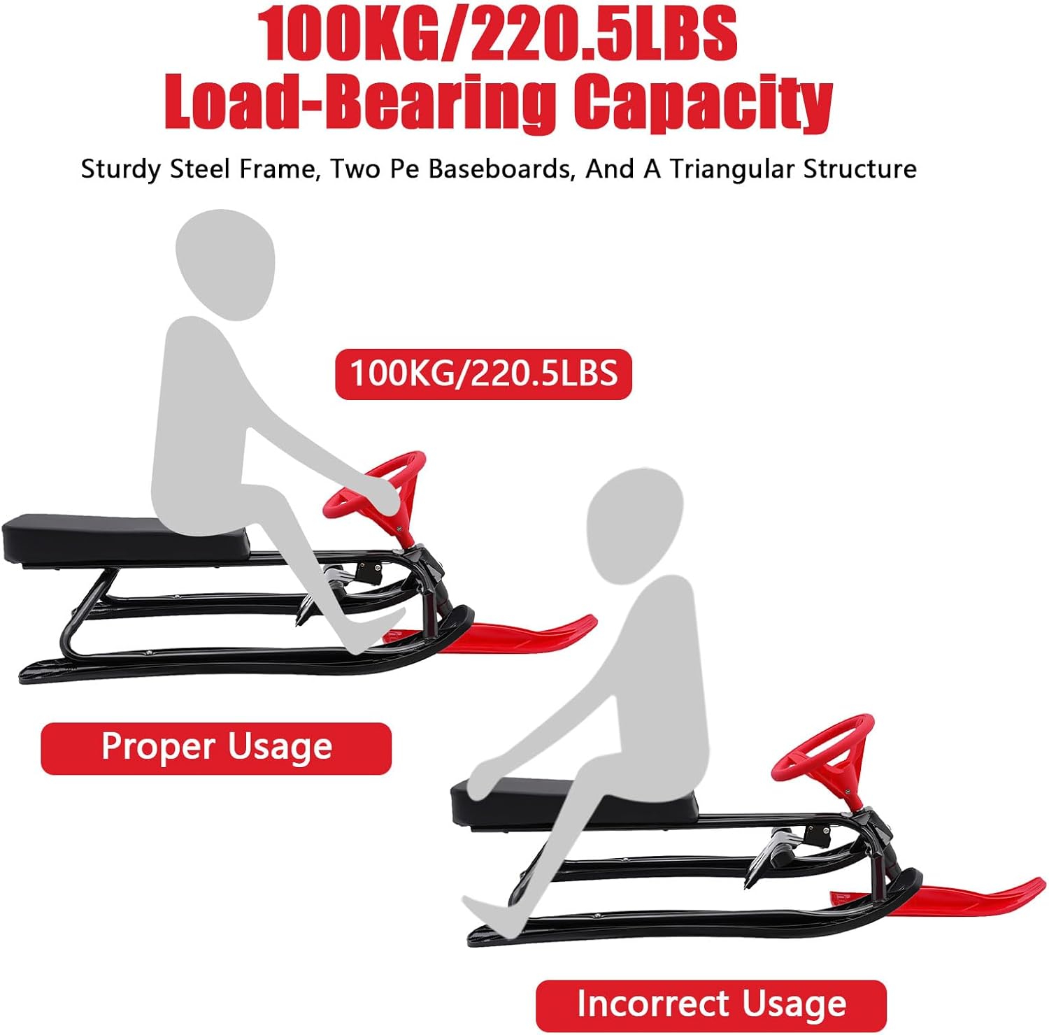 220.5LBS Load Snow Racer Sled, Kart Ski Sled Slider Board w/Foot Brakes, 31.1In Baseboard Steel Frame Skiing Kids Ride Outdoor Winter Toboggan w/Anti-Slip Pedal