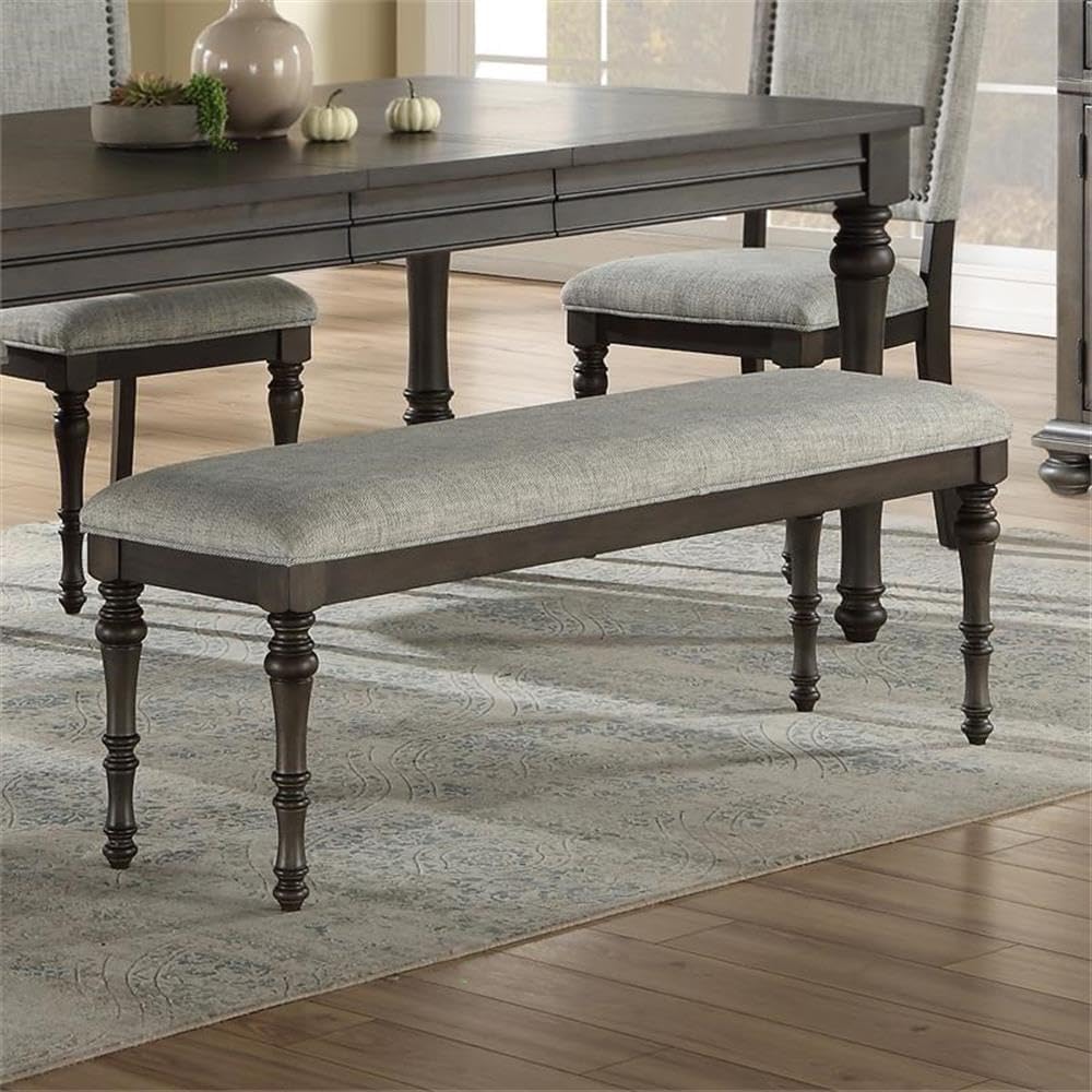 BOWERY HILL Contemporary Dining Bench, Gray Polyester Upholstered Seat, Solid Rubberwood Turned Legs, 54 in Wide, Tailored Welting Detail, Comfortable Kitchen or Dining Room Seating