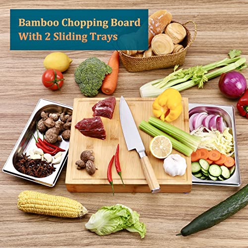 Wehome Bamboo Cutting Board With 2 Stainless Steel Trays,Compact Kitchen Chopping Board With Sliding Drawers For Easy Storage,Serving&Cleanup,Juice Groove And Non-Slip Feet Design #TOP1