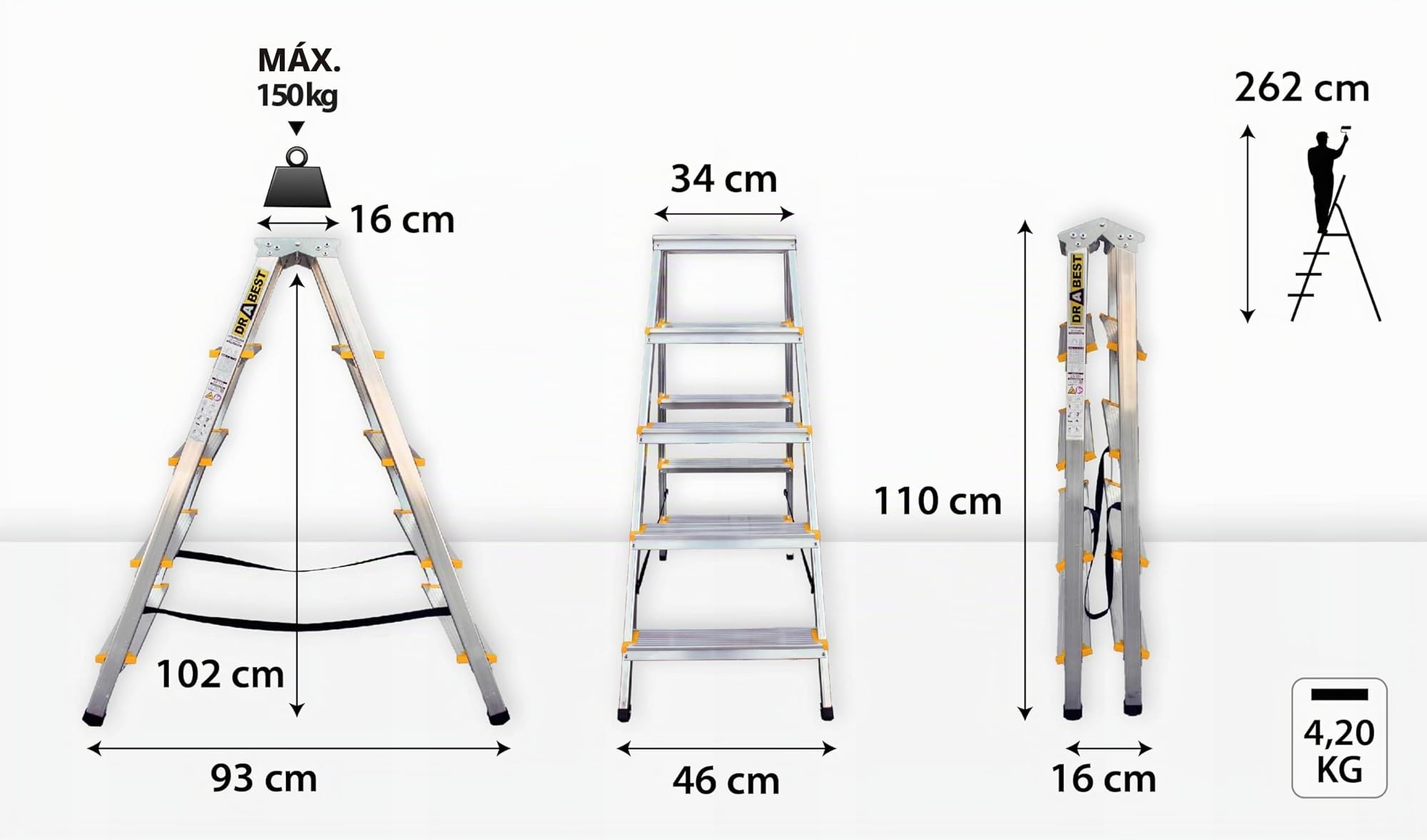 Drabest ESCALERAS Serie Pro Escalera Doméstica de Aluminio de Doble Cara de 2x5 Peldaños 150kg - Escalera de Tijera de Aluminio - Escaleras Multiusos - Escalera de Tijera Plegable - 46x110x16cm