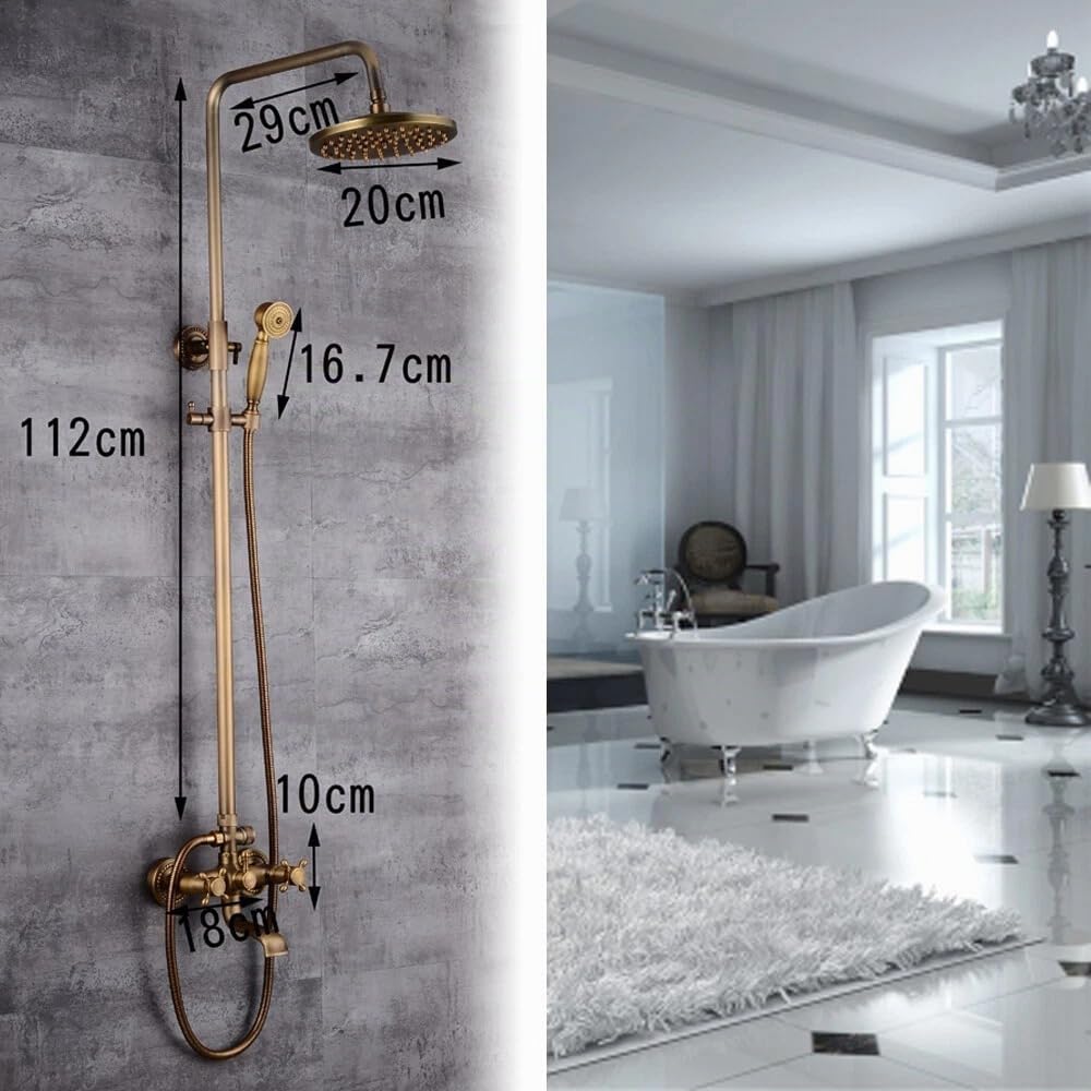 Colonna doccia bronzo con doccia a pioggia e doccetta a mano, set doccia vintage per bagno, set doccia in rame regolabile in altezza, rubinetto da bagno retrò con attacco da 150 mm