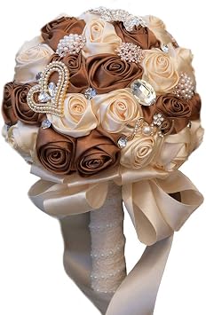 Satin Wedding Bouquet 8" Bride Bridesmaid Satin Rose Brooch Bouquet w/Crystal Rhinestone Custom-Made Artificial Floral Bouquet Centerpiece Arrangement, Beige/Coffee Bouquet