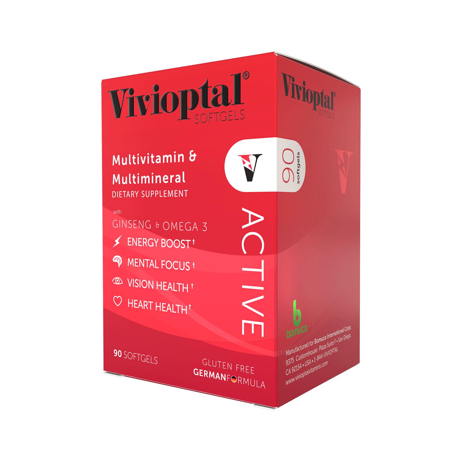 Vivioptal Active, 90 Softgels (120 Units), Ginseng & Omega 3, Multivitamin & Multimineral, Gluten Free, German Formula
