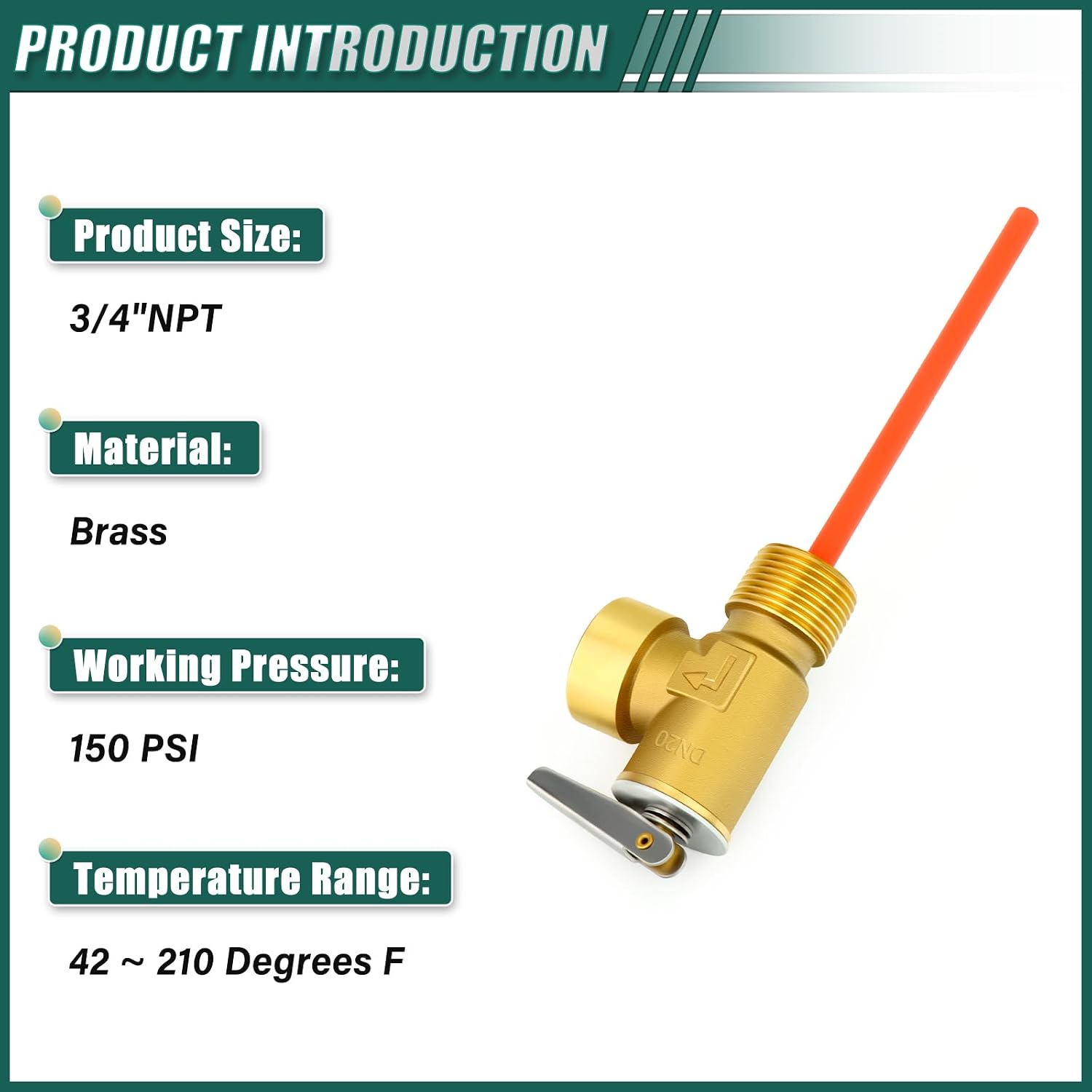 DN20 Brass RV Water Heater Temperature and Pressure Relief Valve,3/4" NPT Thread, 150PSI 210°F, with Extended Epoxy-Coated Probe, for Hot Water Heaters/Tanks