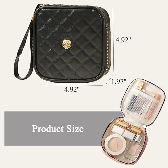 Makeup Bag, Small Makeup Bag for Purse, Portable Cosmetic Bag for Women and Girls, Minimalist Travel Pouch, Mini Quilted Pouch, Purse Essentials (Black)