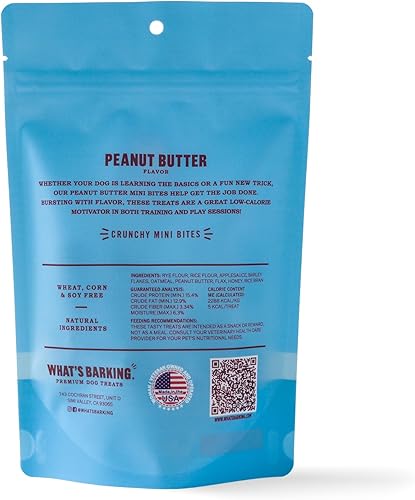 Miniatura 2 de What's Barking Mini bocados crujientes de mantequilla de maní  Golosinas prémium bajas en calorías para entrenamiento de perros, trigo, maíz, sin