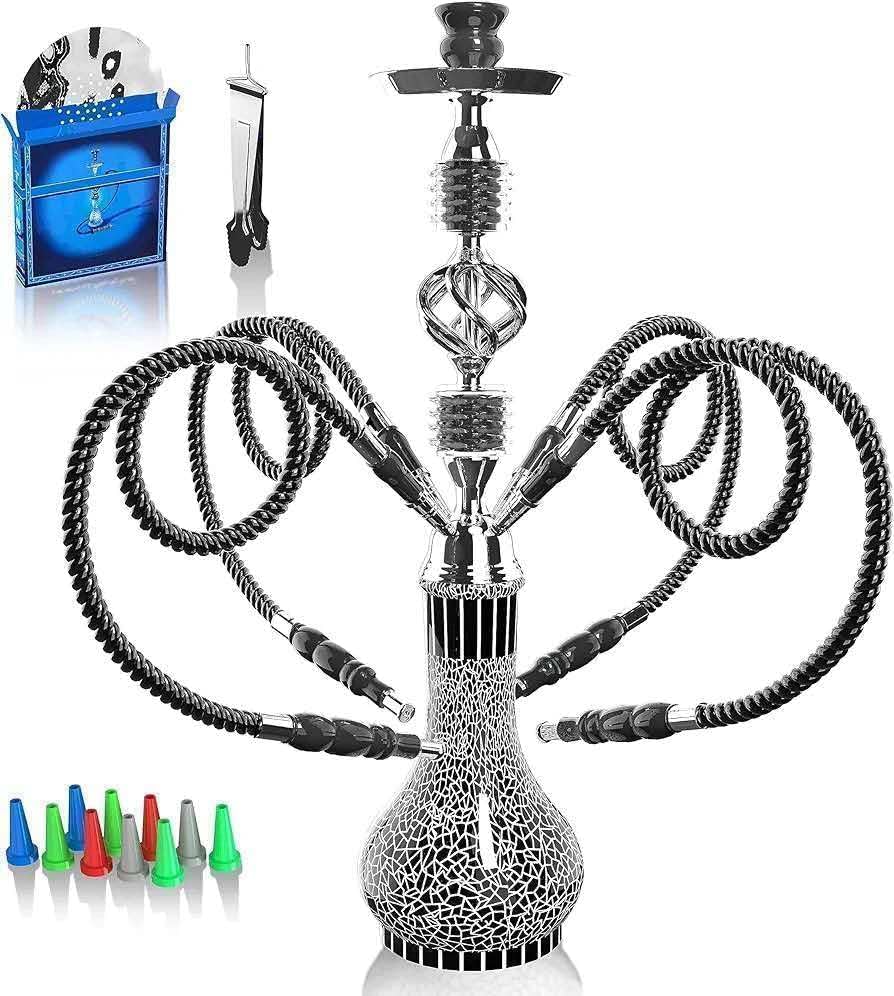 Shisha Komplettset mit 4 Schläuchen 22 Großes Shisha Kit für bis zu 4 Personen mit allem inklusive Keramikschüssel | Premium-Schlauch| Schöne Glasvase (Schwarz QZ1)